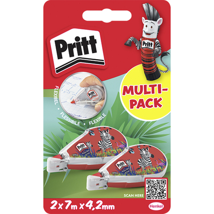 Zwei Pritt Korrekturroller im Vorteilspack auf einer farbenfrohen Verpackung.