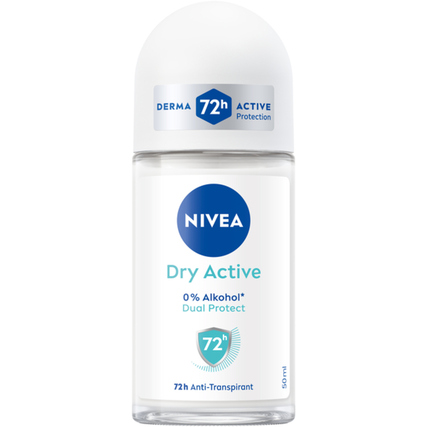 Roll-On-Deodorant in transparenter Flasche mit weißem Deckel und blauem Logo.