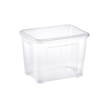 Transparente Aufbewahrungsbox mit Klick-Verschluss und offenem Deckel.