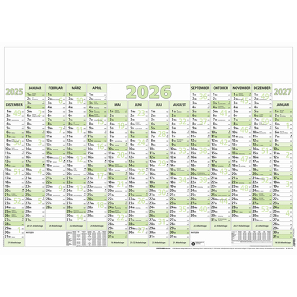 Plakatkalender für die Jahre 2025, 2026 und 2027 mit Monatsübersichten in Grün- und Grautönen.