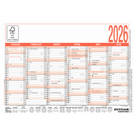 Tafelkalender für das Jahr 2026 mit Monatsübersicht von Januar bis Juni.