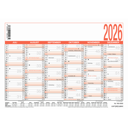Tafelkalender für das Jahr 2026 mit Monatsübersicht von Juli bis Dezember.