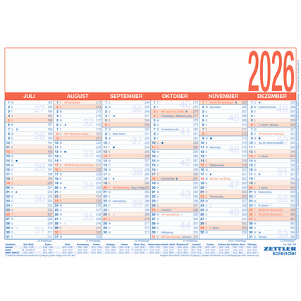 Tafelkalender für 2026 mit hervorgehobenen Sonn- und Feiertagen.