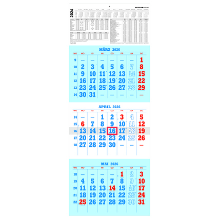 Wandkalender 2026 mit hervorgehobenen Sonn- und Feiertagen in blau und rot.