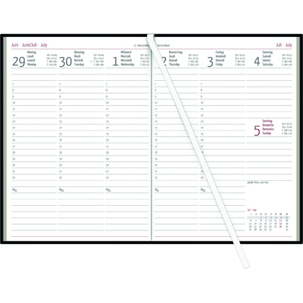 Buchkalender 2026 mit Wochenansicht für Juni bis Juli, inklusive dünnem Lesezeichen.