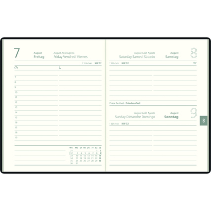 Taschenkalender 2026 geöffnet, zeigt Wochentage mit Platz für Notizen.
