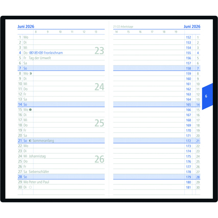 Taschenkalender für das Jahr 2026 mit Wochenansicht und Datumseinträgen für Juni.