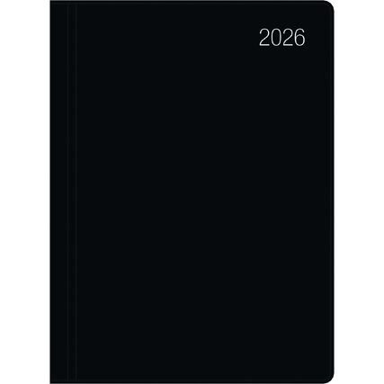 Schwarzer Taschenkalender mit der Jahreszahl 2026 auf der Vorderseite.
