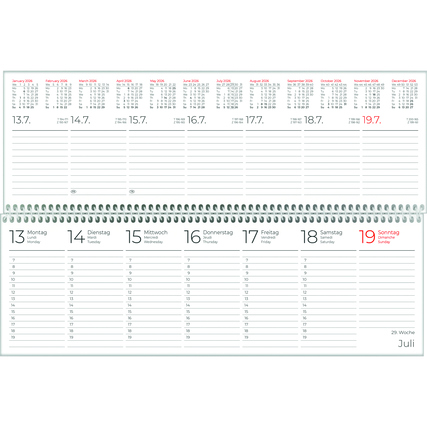 Querkalender 2026 mit Wochentagen und Datumsangaben für Juli, im Spiralformat.