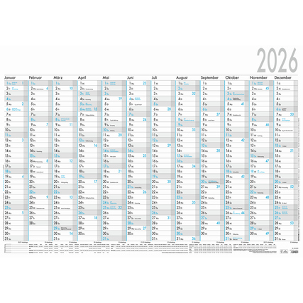 Plakatkalender für das Jahr 2026 mit Monatsübersicht und datierten Blöcken.
