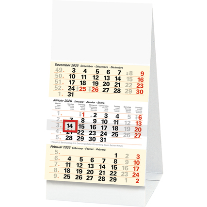 Tischkalender für das Jahr 2026 mit Monatsansicht und Datumschieber in rot und schwarz.