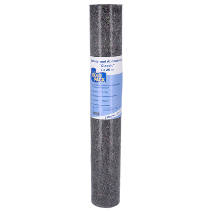 Rolle eines schwarzen Abdeckvlieses mit blauer Etikettierung und Maßangaben.
