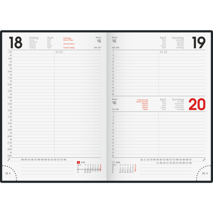 Buchkalender mit wochenweise aufgeteiltem Layout für das Jahr 2026 in blauer Farbe.