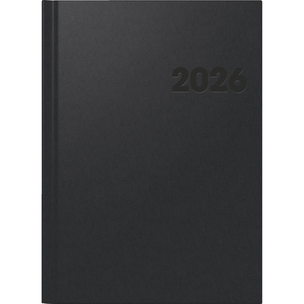 Schwarzer Buchkalender 2026 mit hervorgehobener Jahreszahl auf der Vorderseite.