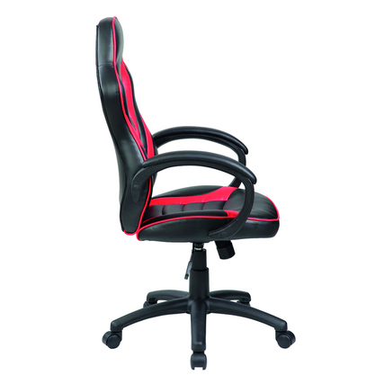 Schwarzer und roter Gaming-Stuhl in Seitenansicht mit ergonomischer Rückenlehne und Armlehnen.