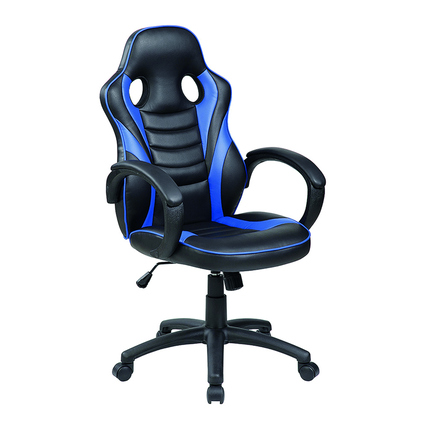 Ergonomischer Gaming-Stuhl in Schwarz und Blau mit Armlehnen und Rollen.