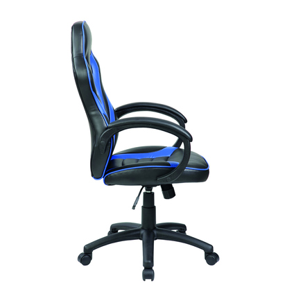 Seitenansicht eines ergonomischen Gaming-Stuhls in Schwarz und Blau mit Armlehnen.