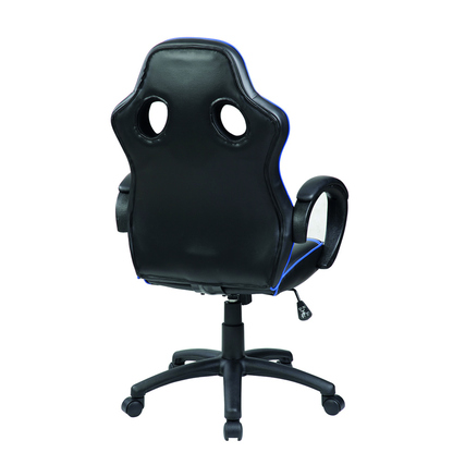 Rückansicht eines ergonomischen schwarzen Gaming-Stuhls mit blauen Akzenten und Armlehnen.