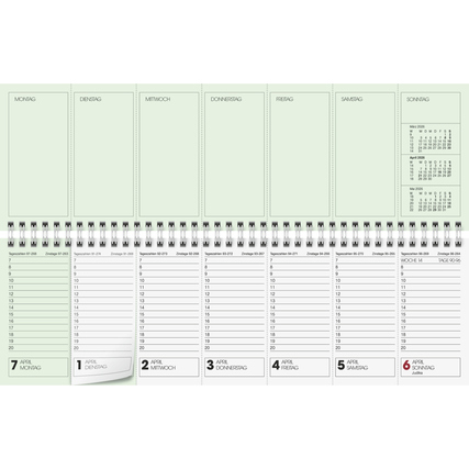 Wöchentlicher Querkalender mit grün-weißer Papierfarbe und Spiralbindung für 2026.