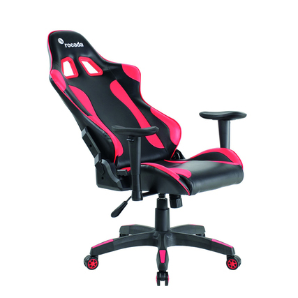 Schwarzer und roter ergonomischer Gaming-Stuhl mit verstellbaren Armlehnen und Rollen.