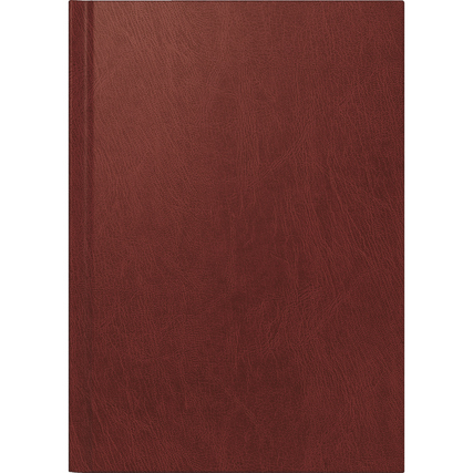 Weinroter Buchkalender 2026 mit einer glatten, strukturierten Oberfläche.