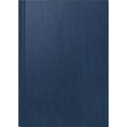 Dunkelblauer Buchkalender mit strukturiertem Cover, Sicht auf die Vorderseite.