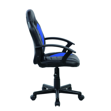 Schwarzer Gaming-Stuhl mit blauer Rückenlehne, seitliche Ansicht, ergonomisches Design.