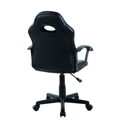 Schwarzer Gaming-Stuhl mit blauen Akzenten und ergonomischer Rückenlehne, Rückansicht.