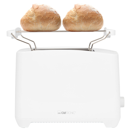 Weißer Toaster mit zwei runden Brötchen auf dem Röstaufsatz.