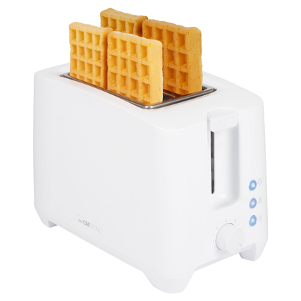 Weißer Toaster mit zwei Waffeln auf dem Aufsatz und Bedienelementen auf der Seite.