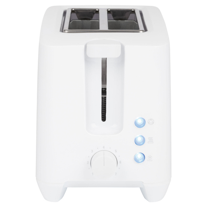 Weißer Toaster mit zwei Schlitzen und Bräunungsgrad-Regler sowie Betriebsanzeigen.