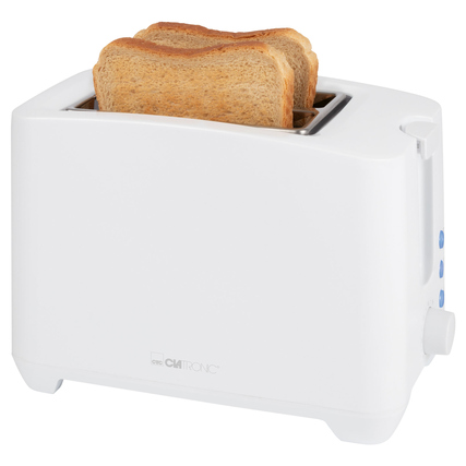Weißer Toaster mit zwei Scheiben Toast in der Öffnung und Bedienelementen an der Seite.