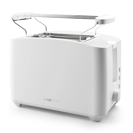 Weißer Toaster mit zwei Schlitzen und Hebevorrichtung, Ansicht von der Seite.