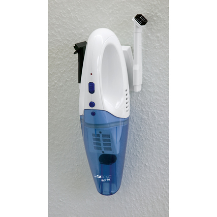 Handstaubsauger mit Wandhalterung und Bürste, in weiß und blau, an einer Wand montiert.
