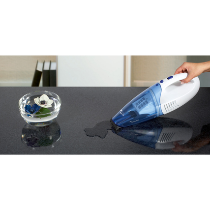 Handstaubsauger saugt Flüssigkeit von einer glatten Oberfläche neben einer Blumenvase.