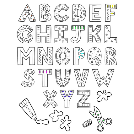 Ausmalbilder mit Buchstaben und Bastelmotiven in schwarz-weiß für Kinder.