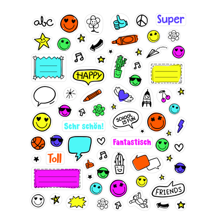 Stickerbogen mit bunten Aufklebern für kreative Gestaltung im Schulkontext.