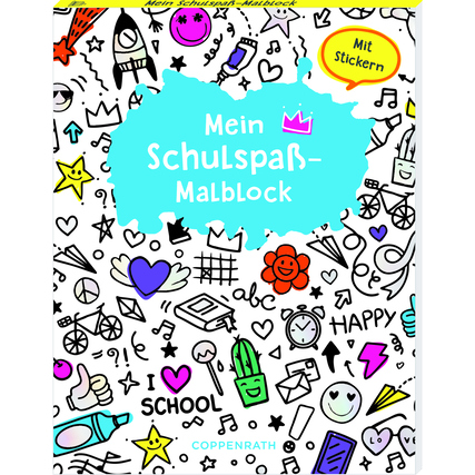 Malblock mit buntem Titel und verschiedenen Schul-Motiven auf dem cover, inklusive Stickern.