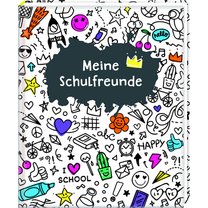 Buntes Freundebuch mit dem Titel "Meine Schulfreunde" und diversen Zeichnungen auf dem Cover.