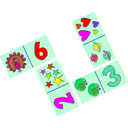 Vier bunte Domino-Kärtchen mit Zahlen und Motiven in fröhlichem Design.