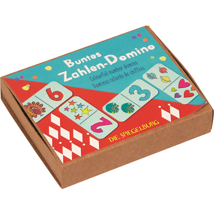 Bunte Verpackung des Zahlen-Dominos mit Illustrationen und Zahlenelementen auf der Vorderseite.