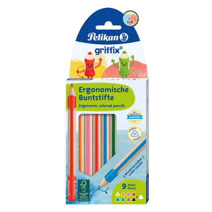 Packung mit 9 ergonomischen Buntstiften in verschiedenen Farben und Designs.