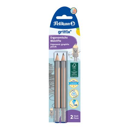 Zwei ergonomische Bleistifte in einer Verpackung mit blauer und grauer Griffzone.