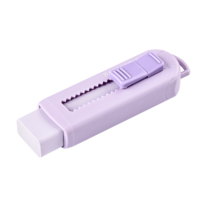 Lavendelfarbener Radierer mit Schiebefunktion und trapezförmigem Ende.