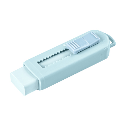 Blauer Radierer mit Abziehmechanismus und gummierter Griffzone.