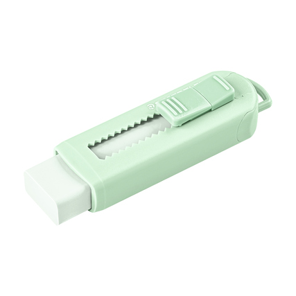 Grüner Radierer mit herausziehbarem Gummi und Sicherheitsmechanismus.