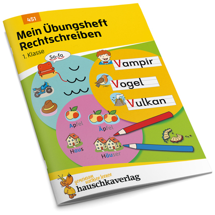 Cover des Übungshefts "Mein Übungsheft Rechtschreiben" für die 1. Klasse mit bunten Illustrationen.