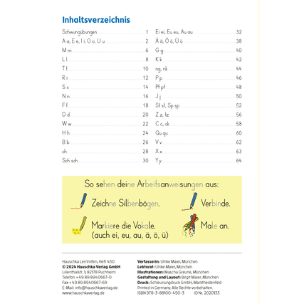 Inhaltsverzeichnis eines Übungsheftes für die erste Klasse mit verschiedenen Lernaufgaben.