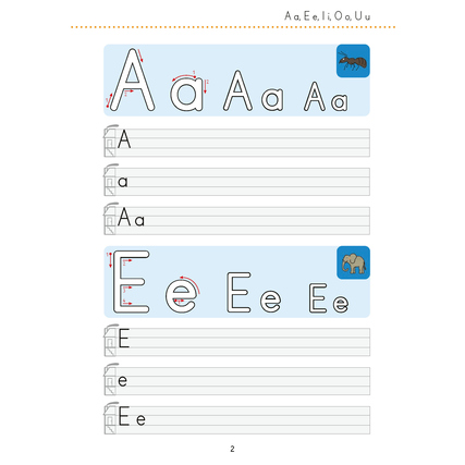 Seite aus einem Übungsheft mit Buchstaben und Schreibübung für die erste Klasse.