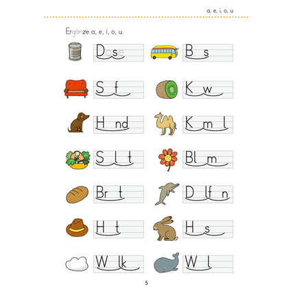 Übungsheftseite mit Schreibübungen und Illustrationen zu Buchstaben und Wörtern.